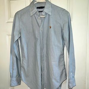 Super slim fit size 4 womens RL blue and white stripe shirt